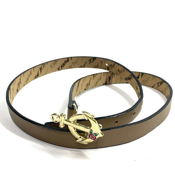 Betsey Johnson Faux Leather Belt With Anchor Rose Prong Clasp Tan/Gold Sz Small - Picture 1 of 6